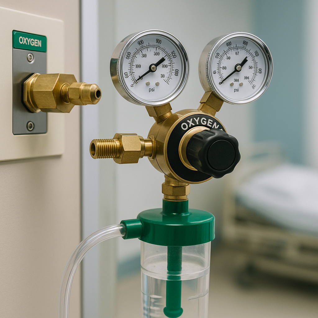 medical oxygen regulator with dual pressure gauges, humidifier bottle, and oxygen supply connection in a hospital setting.